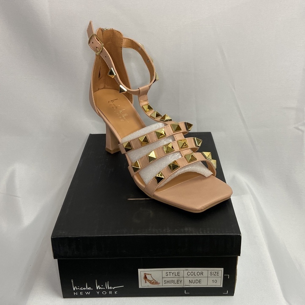 Nicole Miller Shirley Gold Studded Ankle Strap Heels Nude Choose Size NWB